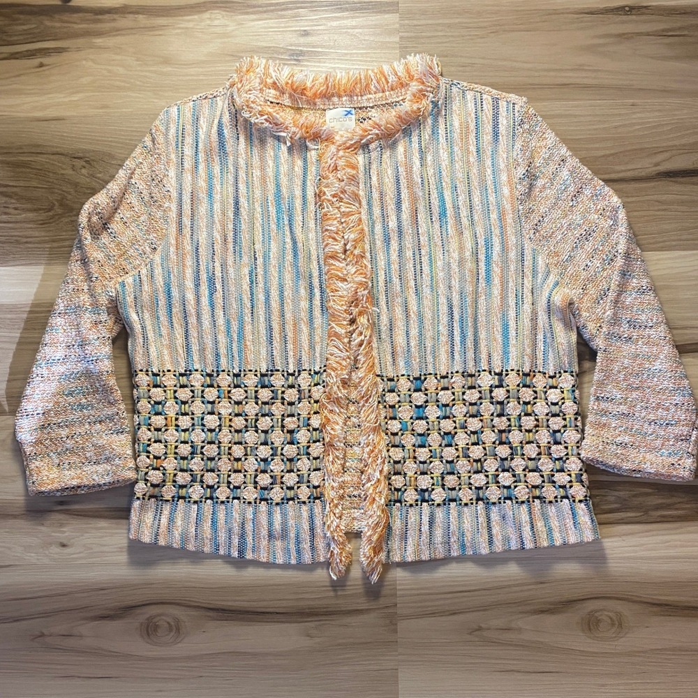 Chicos Multi Color Orange Blue Knit Fringe Open Front‎ Jacket Size 2 Large